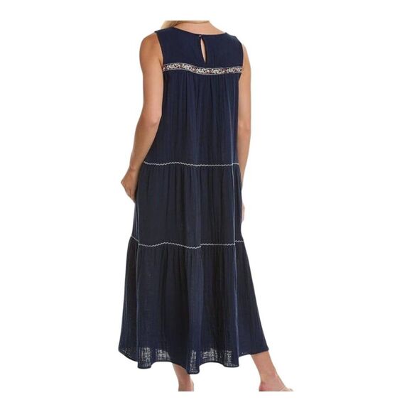 Max Studio Embroidered Sleeveless Dress Pockets Tiered Cotton Gauze XS Navy Blue - Picture 3 of 16